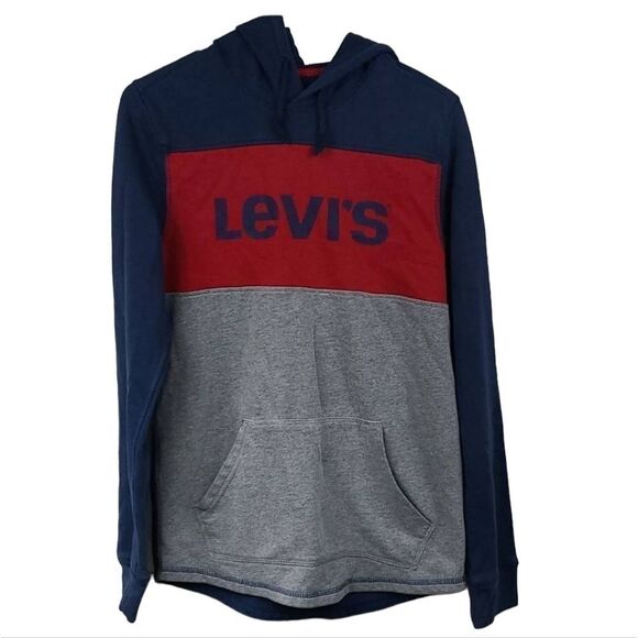 LEVI'S Men's Fleece Pullover Hoodie Blue Red Gray Casual Sweatshirt Sport Jacket - Picture 1 of 6